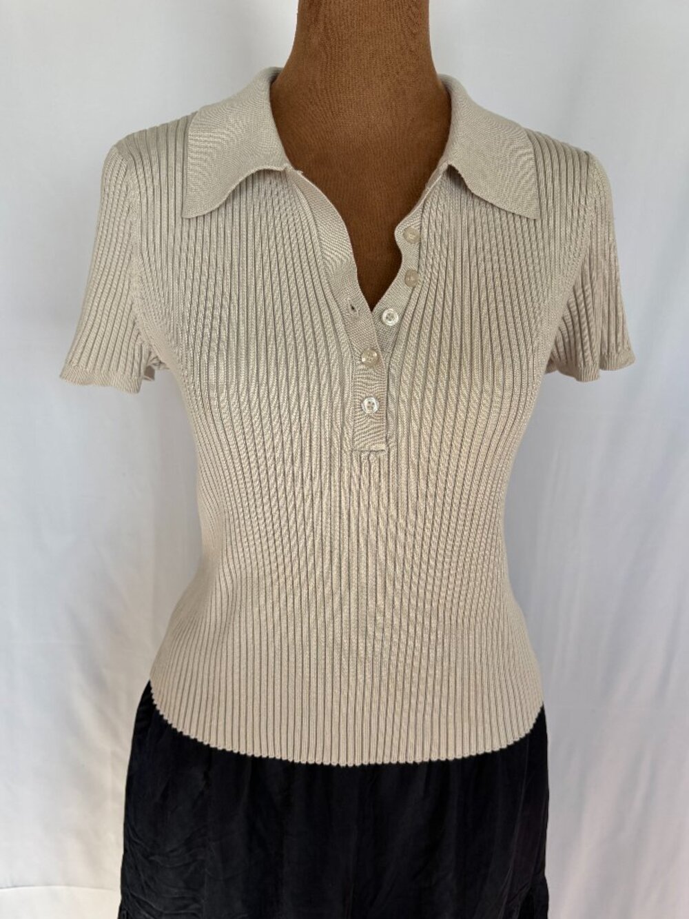 Calvin Klein Jeans Beige Ribbed Knit Short Sleeve Polo Sweater Top Sz M